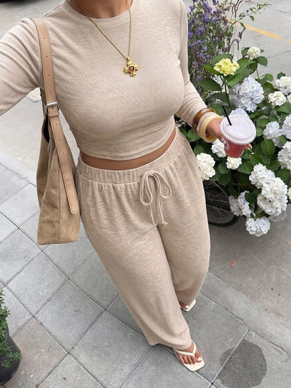 Muchica Plus Size Round Neck Long Sleeve Minimalist T-Shirt And Drawstring Waist Long Pants 2 Pieces Set Fall