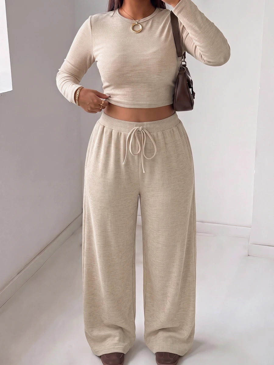 Muchica Plus Size Round Neck Long Sleeve Minimalist T-Shirt And Drawstring Waist Long Pants 2 Pieces Set Fall