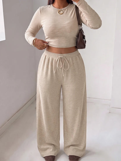 Muchica Plus Size Round Neck Long Sleeve Minimalist T-Shirt And Drawstring Waist Long Pants 2 Pieces Set Fall