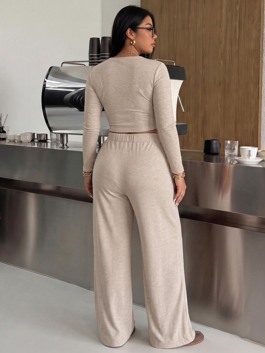 Muchica Plus Size Round Neck Long Sleeve Minimalist T-Shirt And Drawstring Waist Long Pants 2 Pieces Set Fall