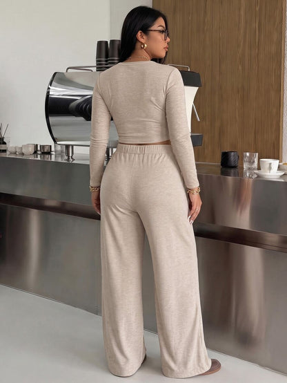 Muchica Plus Size Round Neck Long Sleeve Minimalist T-Shirt And Drawstring Waist Long Pants 2 Pieces Set Fall