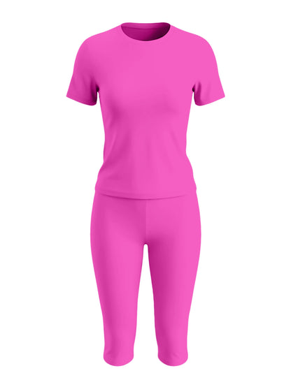 LovelyWholesale Women's Casual Crew Neck Short Sleeve Solid Color T-Shirt & 3/4 Length Pants Black 2 Pieces Set Summer Outfit Elegant