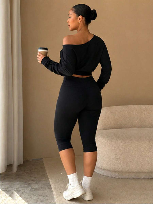 Women's Plus Size 2 Pieces Set, 3/4 Length Pants And Long Sleeve Top, Sports Casual Daily Street Style Outfit, Summer And Autumn Wear Black