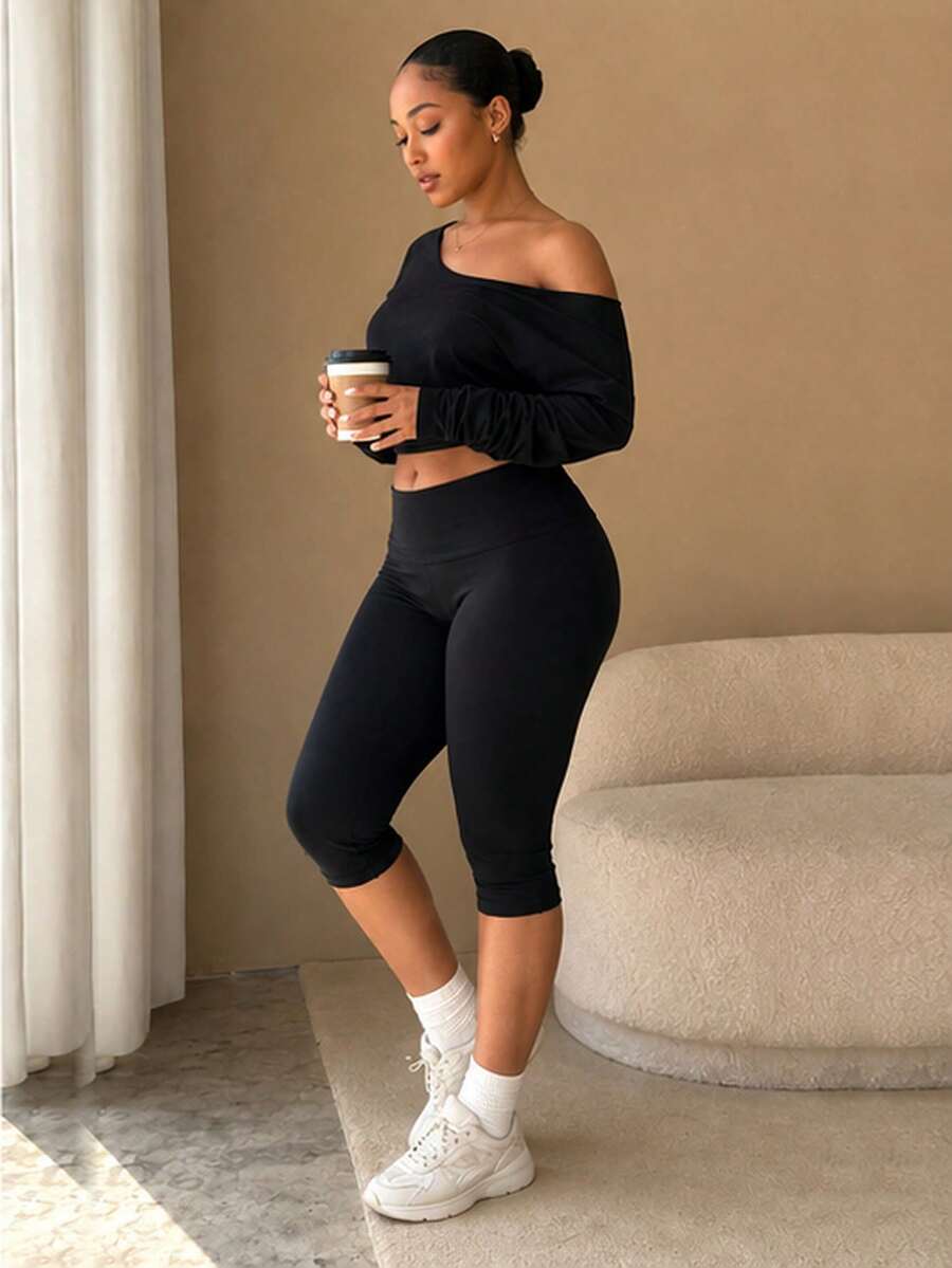 Women's Plus Size 2 Pieces Set, 3/4 Length Pants And Long Sleeve Top, Sports Casual Daily Street Style Outfit, Summer And Autumn Wear Black