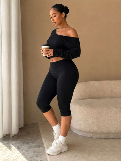 Women's Plus Size 2 Pieces Set, 3/4 Length Pants And Long Sleeve Top, Sports Casual Daily Street Style Outfit, Summer And Autumn Wear Black