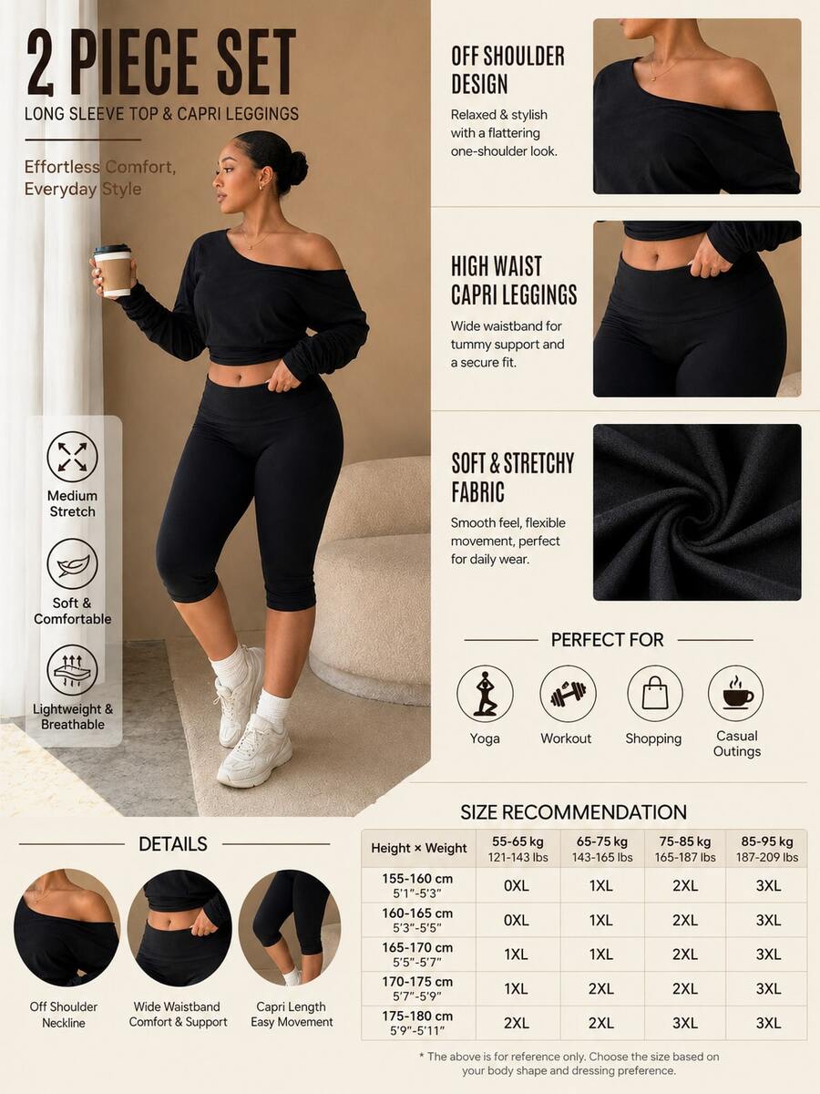 Women's Plus Size 2 Pieces Set, 3/4 Length Pants And Long Sleeve Top, Sports Casual Daily Street Style Outfit, Summer And Autumn Wear Black