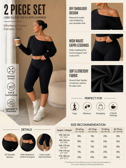 Women's Plus Size 2 Pieces Set, 3/4 Length Pants And Long Sleeve Top, Sports Casual Daily Street Style Outfit, Summer And Autumn Wear Black