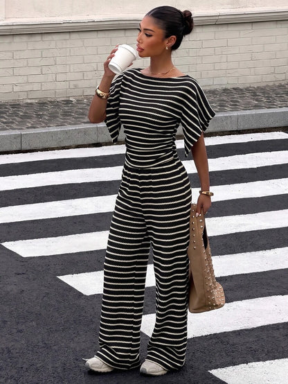 SHEIN EZwear Women's Solid Color Pleated Top And Elastic Waist Long Pants Casual Daily Set Brunch Dark Brown Summer