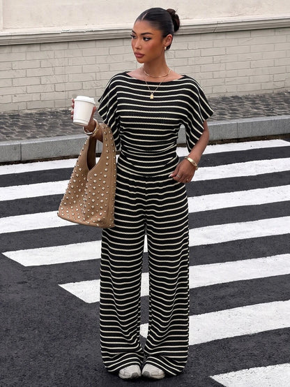 SHEIN EZwear Women's Solid Color Pleated Top And Elastic Waist Long Pants Casual Daily Set Brunch Dark Brown Summer