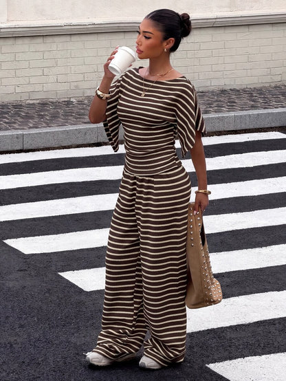 SHEIN EZwear Women's Solid Color Pleated Top And Elastic Waist Long Pants Casual Daily Set Brunch Dark Brown Summer