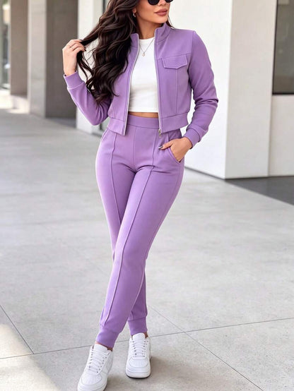 2pcs Women Set In Spring/Autumn/Winter, Minimal Solid Color Versatile Zip Up Short Jacket Tops With Elastic Waist Pocket Skinny Pants Casual Elegant