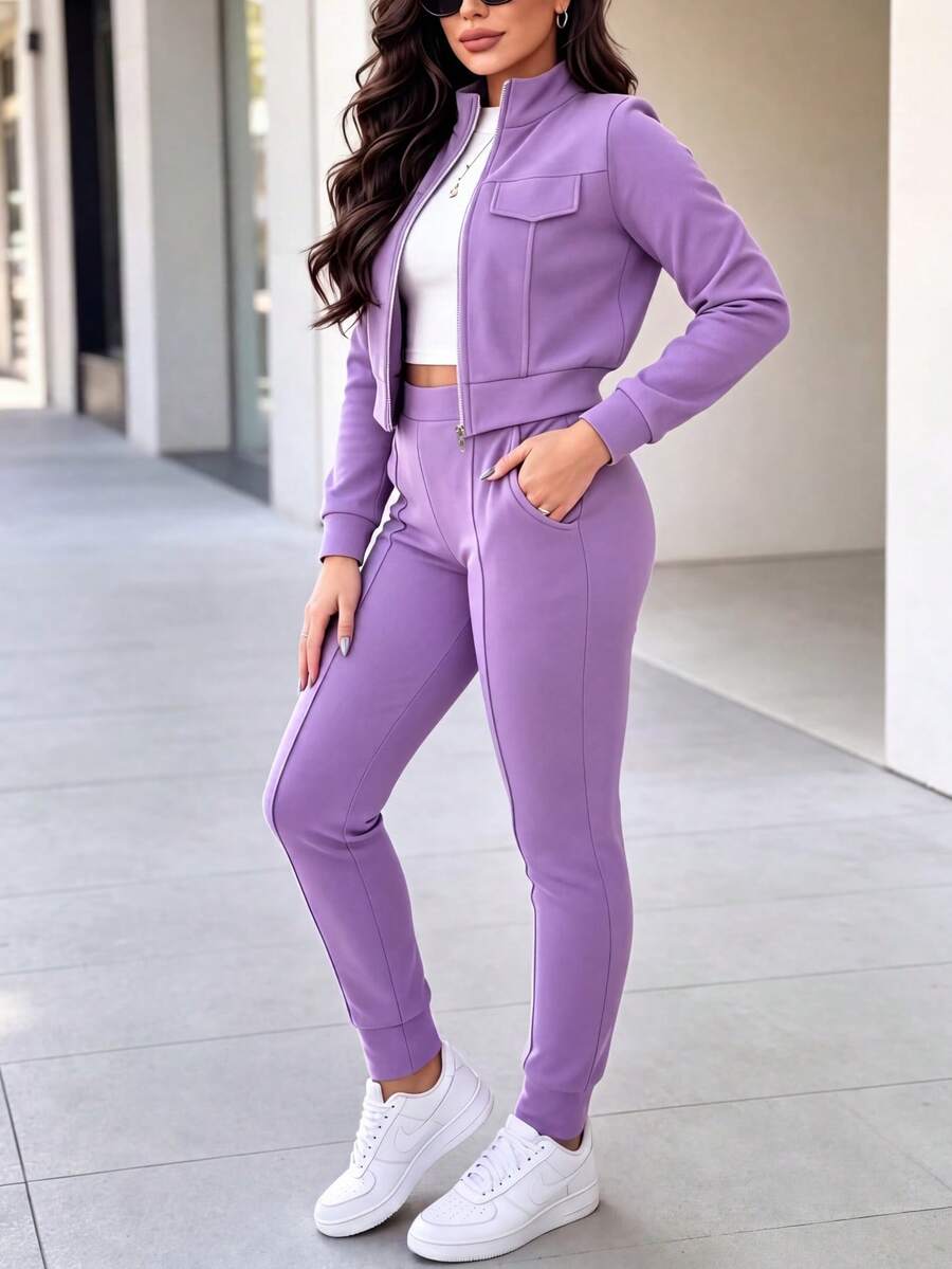 2pcs Women Set In Spring/Autumn/Winter, Minimal Solid Color Versatile Zip Up Short Jacket Tops With Elastic Waist Pocket Skinny Pants Casual Elegant