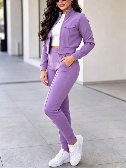 2pcs Women Set In Spring/Autumn/Winter, Minimal Solid Color Versatile Zip Up Short Jacket Tops With Elastic Waist Pocket Skinny Pants Casual Elegant