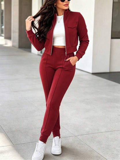 2pcs Women Set In Spring/Autumn/Winter, Minimal Solid Color Versatile Zip Up Short Jacket Tops With Elastic Waist Pocket Skinny Pants Casual Elegant