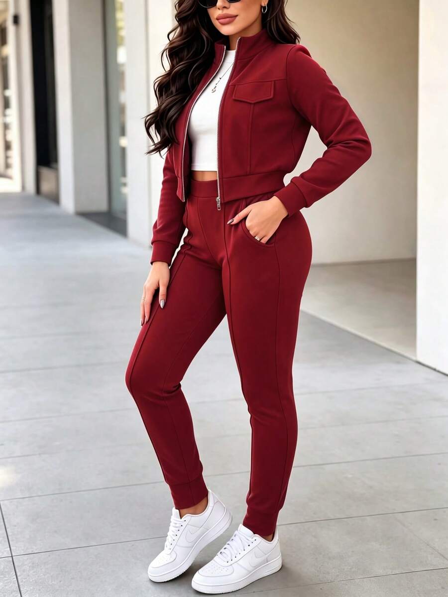 2pcs Women Set In Spring/Autumn/Winter, Minimal Solid Color Versatile Zip Up Short Jacket Tops With Elastic Waist Pocket Skinny Pants Casual Elegant