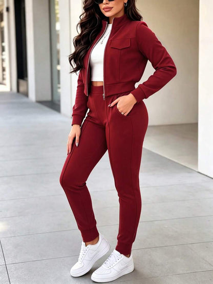 2pcs Women Set In Spring/Autumn/Winter, Minimal Solid Color Versatile Zip Up Short Jacket Tops With Elastic Waist Pocket Skinny Pants Casual Elegant