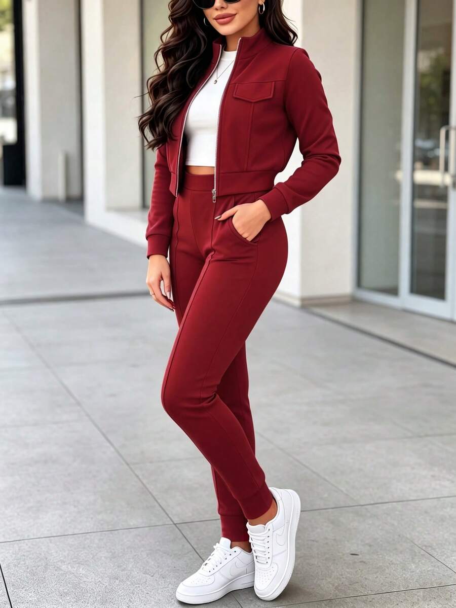 2pcs Women Set In Spring/Autumn/Winter, Minimal Solid Color Versatile Zip Up Short Jacket Tops With Elastic Waist Pocket Skinny Pants Casual Elegant