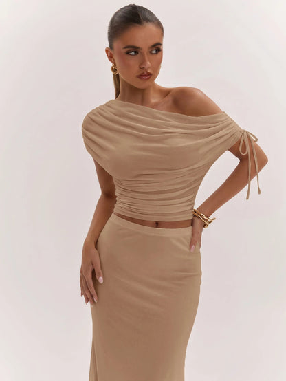 SHEIN BAE Women's Solid Color Asymmetrical Neck Top And Skirt Casual 2 Pieces Set