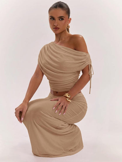 SHEIN BAE Women's Solid Color Asymmetrical Neck Top And Skirt Casual 2 Pieces Set
