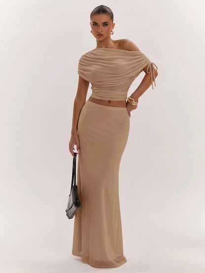 SHEIN BAE Women's Solid Color Asymmetrical Neck Top And Skirt Casual 2 Pieces Set