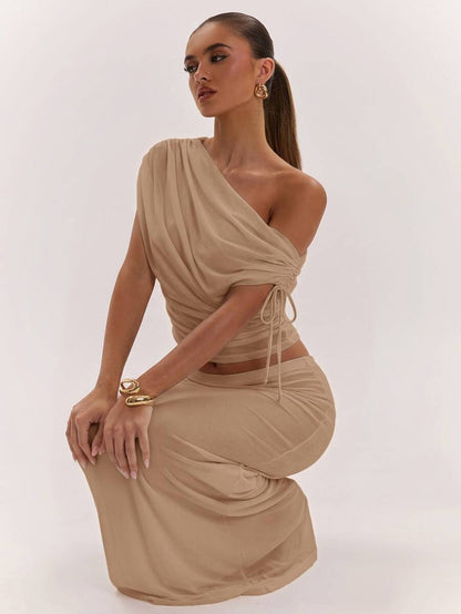 SHEIN BAE Women's Solid Color Asymmetrical Neck Top And Skirt Casual 2 Pieces Set