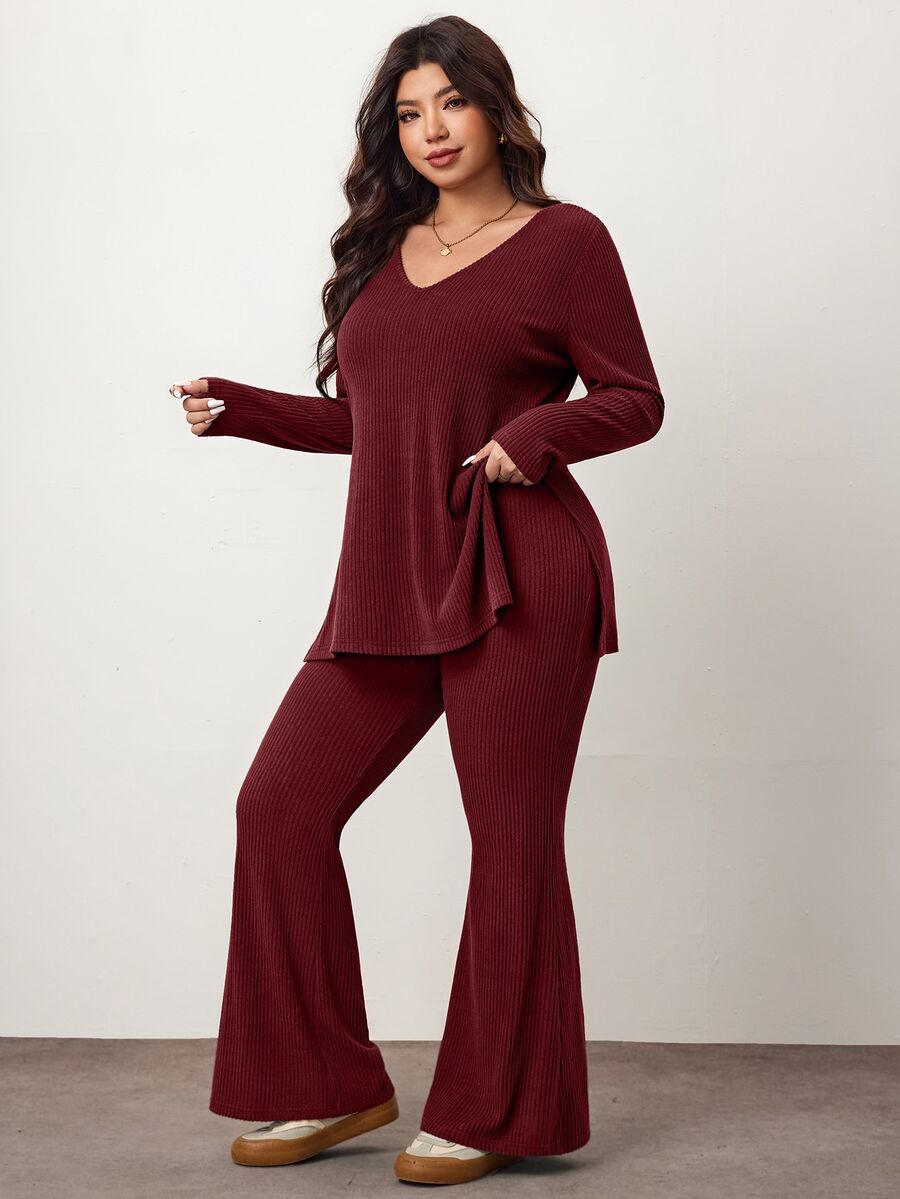 Enliva Plus Size Casual Home Wear 2 Pieces Set: Minimalist Off-Shoulder Ribbed Design, Suitable For Autumn/Winter, Flattering For Curvy Figures Fall