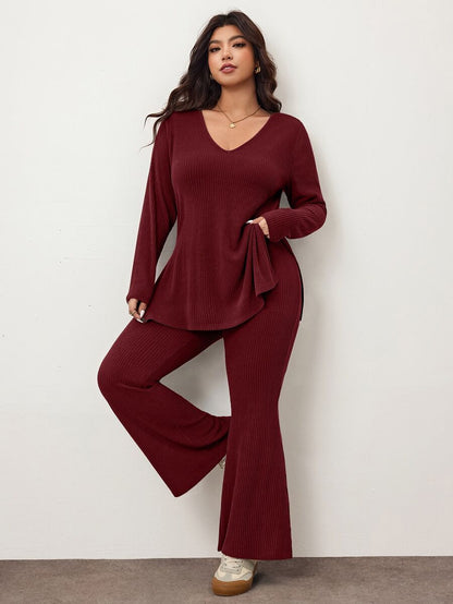 Enliva Plus Size Casual Home Wear 2 Pieces Set: Minimalist Off-Shoulder Ribbed Design, Suitable For Autumn/Winter, Flattering For Curvy Figures Fall