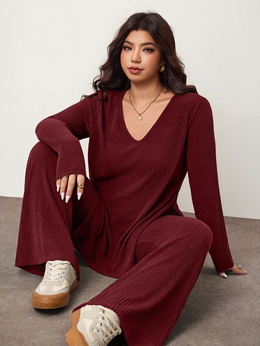 Enliva Plus Size Casual Home Wear 2 Pieces Set: Minimalist Off-Shoulder Ribbed Design, Suitable For Autumn/Winter, Flattering For Curvy Figures Fall