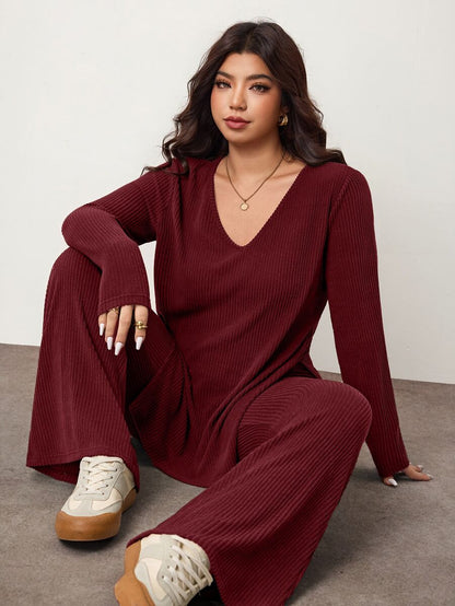 Enliva Plus Size Casual Home Wear 2 Pieces Set: Minimalist Off-Shoulder Ribbed Design, Suitable For Autumn/Winter, Flattering For Curvy Figures Fall