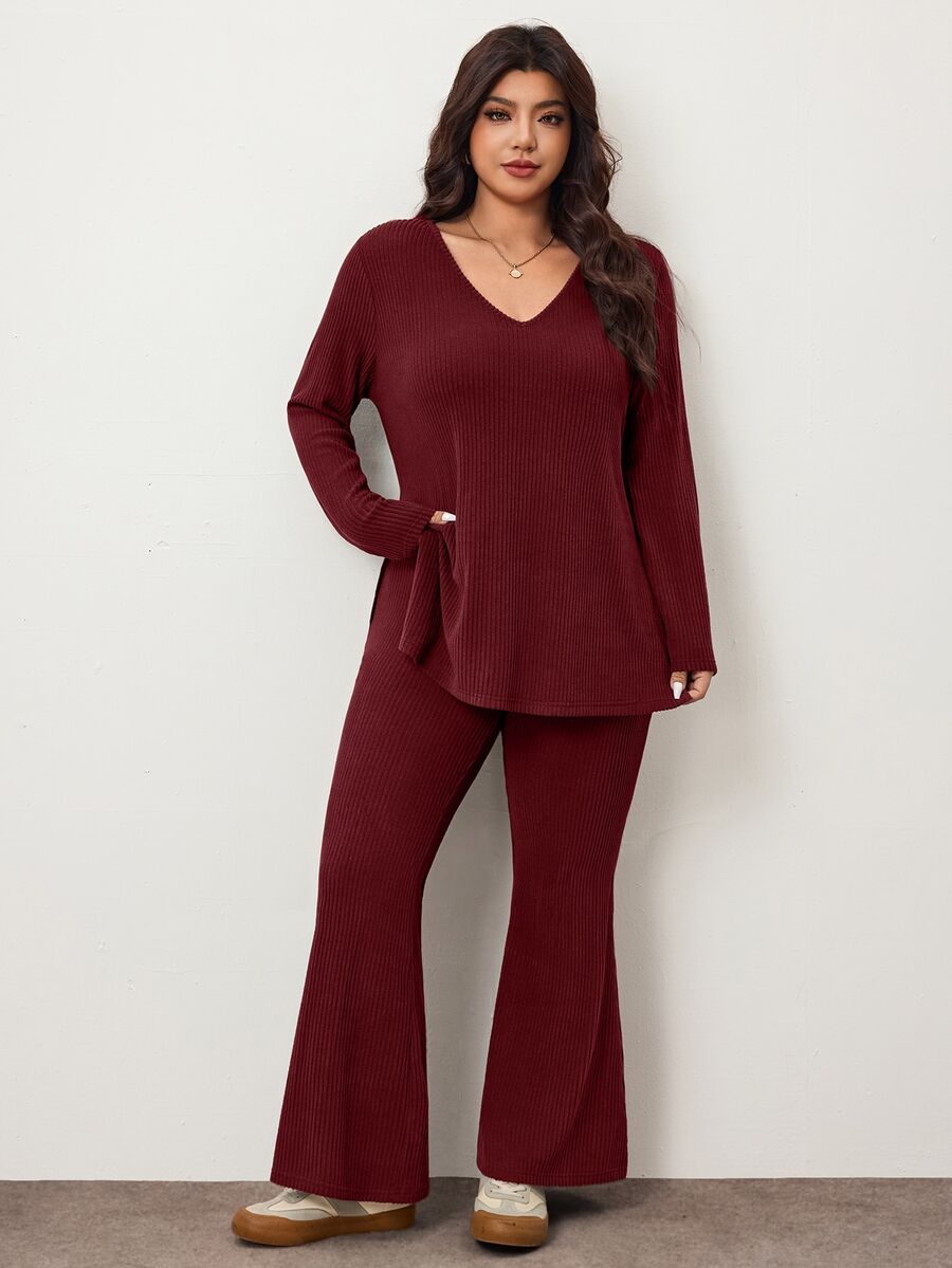 Enliva Plus Size Casual Home Wear 2 Pieces Set: Minimalist Off-Shoulder Ribbed Design, Suitable For Autumn/Winter, Flattering For Curvy Figures Fall