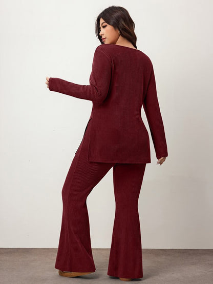 Enliva Plus Size Casual Home Wear 2 Pieces Set: Minimalist Off-Shoulder Ribbed Design, Suitable For Autumn/Winter, Flattering For Curvy Figures Fall
