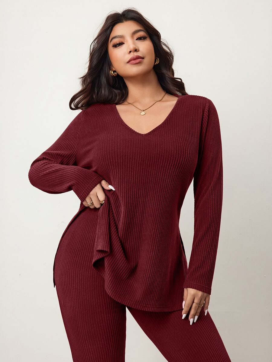 Enliva Plus Size Casual Home Wear 2 Pieces Set: Minimalist Off-Shoulder Ribbed Design, Suitable For Autumn/Winter, Flattering For Curvy Figures Fall