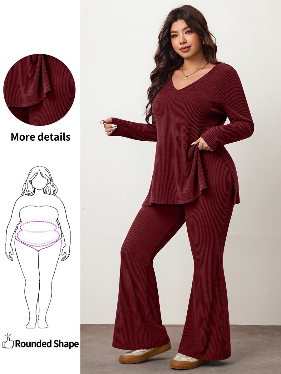 Enliva Plus Size Casual Home Wear 2 Pieces Set: Minimalist Off-Shoulder Ribbed Design, Suitable For Autumn/Winter, Flattering For Curvy Figures Fall
