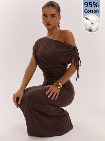 SHEIN BAE Women's Solid Color Asymmetrical Neck Top And Skirt Casual 2 Pieces Set
