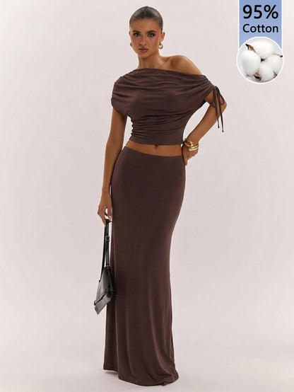 SHEIN BAE Women's Solid Color Asymmetrical Neck Top And Skirt Casual 2 Pieces Set