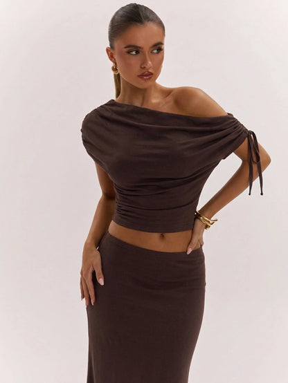 SHEIN BAE Women's Solid Color Asymmetrical Neck Top And Skirt Casual 2 Pieces Set