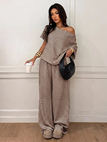 Siren Gaze Women's Fall White Casual Striped Asymmetric Collar T-Shirt Pants 2 Pieces Set Back To School Going Out Y2k Basic Streetwear Gym Halloween Sports Gym
