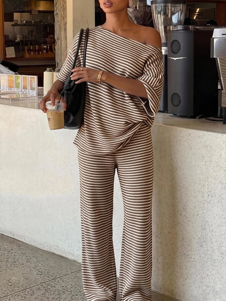 Siren Gaze Women's Fall White Casual Striped Asymmetric Collar T-Shirt Pants 2 Pieces Set Back To School Going Out Y2k Basic Streetwear Gym Halloween Sports Gym