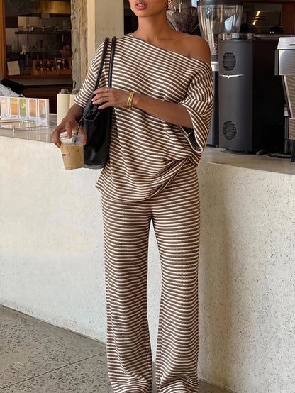 Siren Gaze Women's Fall White Casual Striped Asymmetric Collar T-Shirt Pants 2 Pieces Set Back To School Going Out Y2k Basic Streetwear Gym Halloween Sports Gym