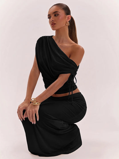 SHEIN BAE Women's Solid Color Asymmetrical Neck Top And Skirt Casual 2 Pieces Set