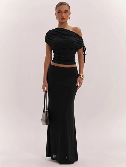 SHEIN BAE Women's Solid Color Asymmetrical Neck Top And Skirt Casual 2 Pieces Set