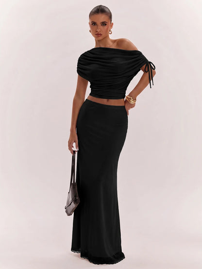 SHEIN BAE Women's Solid Color Asymmetrical Neck Top And Skirt Casual 2 Pieces Set