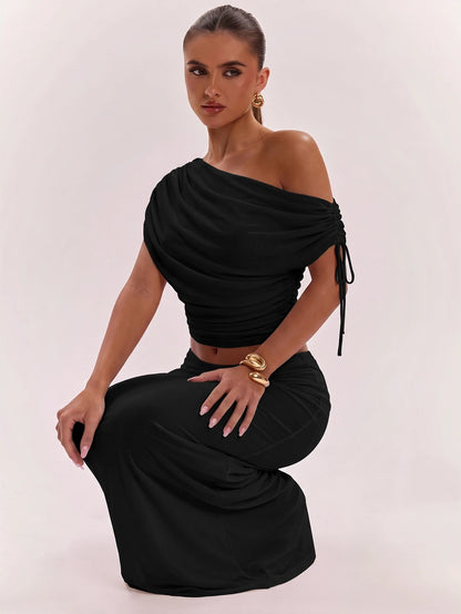 SHEIN BAE Women's Solid Color Asymmetrical Neck Top And Skirt Casual 2 Pieces Set