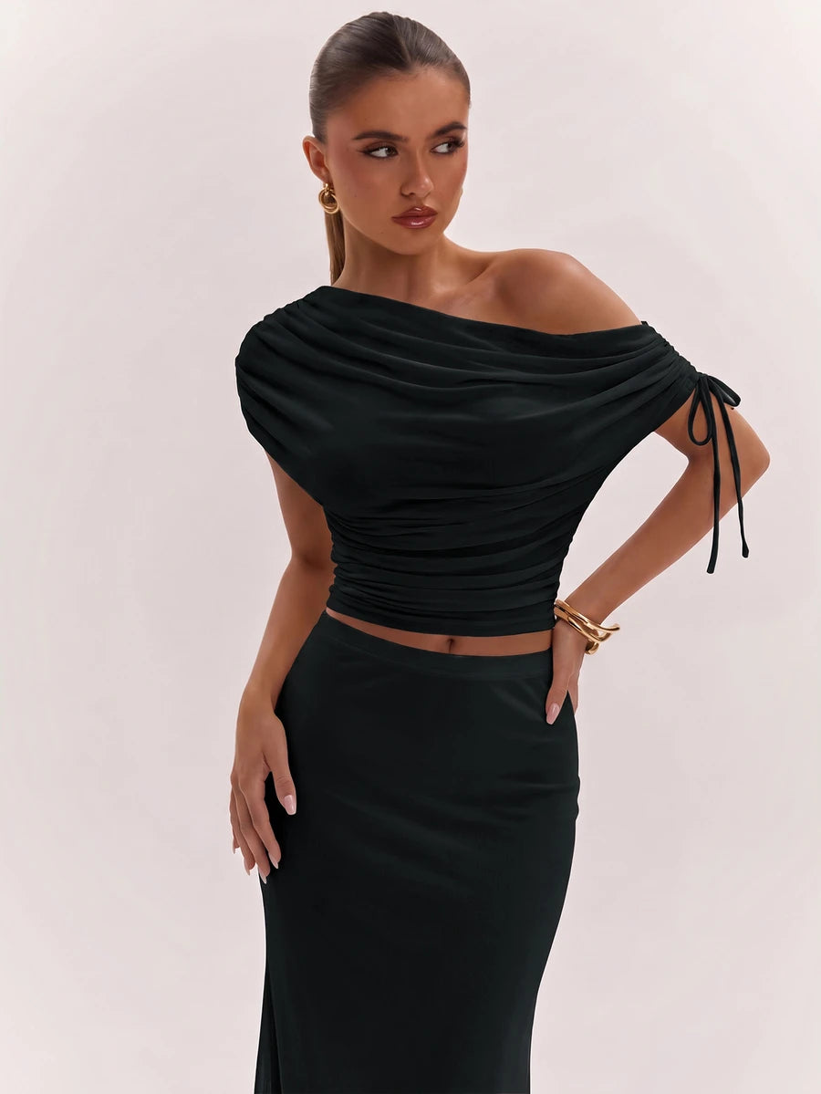 SHEIN BAE Women's Solid Color Asymmetrical Neck Top And Skirt Casual 2 Pieces Set