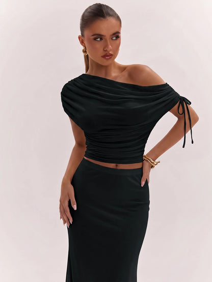 SHEIN BAE Women's Solid Color Asymmetrical Neck Top And Skirt Casual 2 Pieces Set