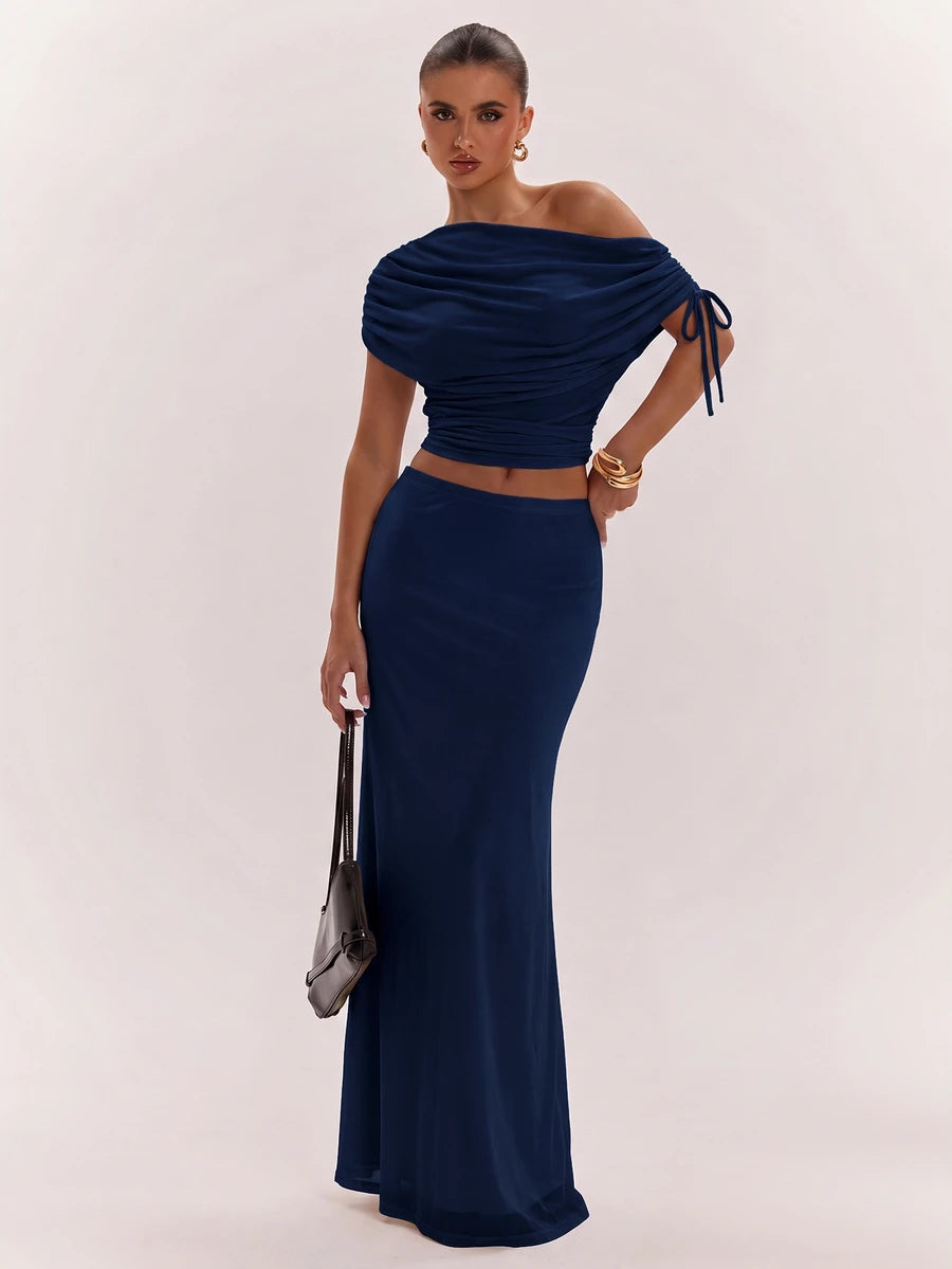 SHEIN BAE Women's Solid Color Asymmetrical Neck Top And Skirt Casual 2 Pieces Set