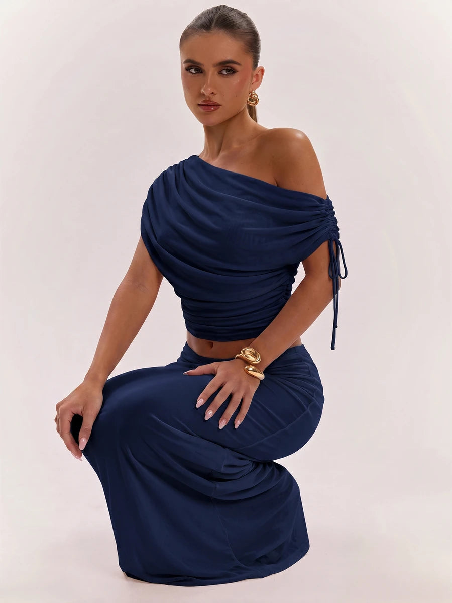 SHEIN BAE Women's Solid Color Asymmetrical Neck Top And Skirt Casual 2 Pieces Set