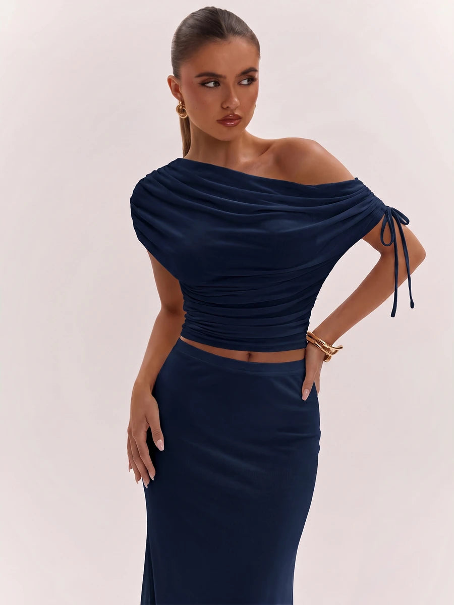 SHEIN BAE Women's Solid Color Asymmetrical Neck Top And Skirt Casual 2 Pieces Set