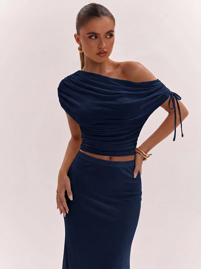 SHEIN BAE Women's Solid Color Asymmetrical Neck Top And Skirt Casual 2 Pieces Set