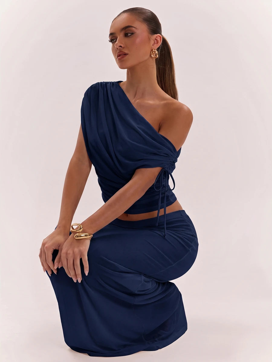 SHEIN BAE Women's Solid Color Asymmetrical Neck Top And Skirt Casual 2 Pieces Set